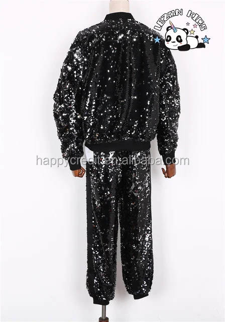LEZONKIDS - Girls Sparkle Shinny Sequin 2 Pieces Set Punk Bomber and Joggers Black Flip to Silver Sequin Jumpsuit